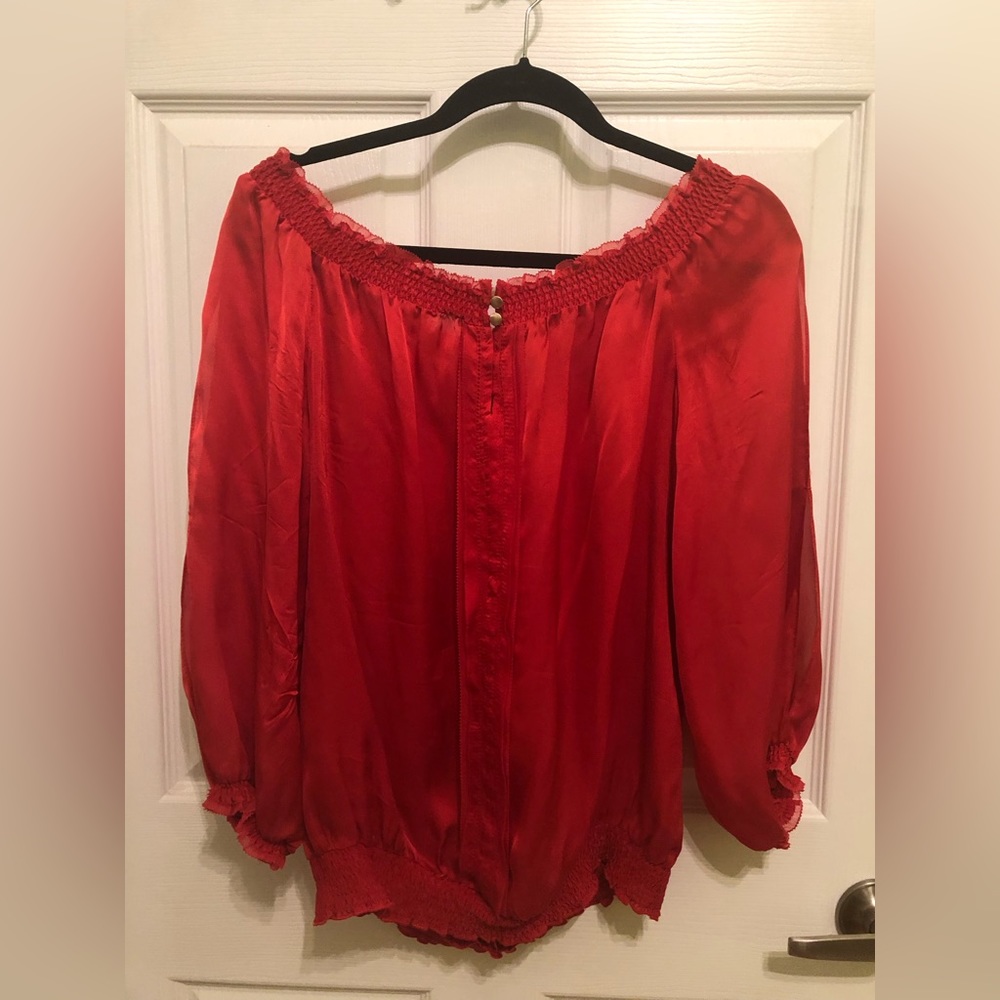 WHITE HOUSE BLACK MARKET Red silk, cold-shoulder peasant girl top, 100% silk, XL